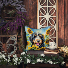 Load image into Gallery viewer, Bernedoodle in Sunflowers Throw Pillow - 14x14 Decorative Pillow – Art for Your Home &amp; Patio