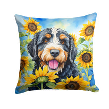 Load image into Gallery viewer, Bernedoodle in Sunflowers Throw Pillow - 14x14 Decorative Pillow – Art for Your Home &amp; Patio