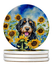 Load image into Gallery viewer, Bernedoodle in Sunflowers Large Sandstone Coasters Pack of 4