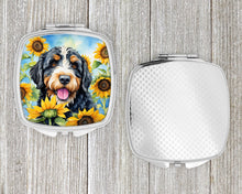 Load image into Gallery viewer, Bernedoodle in Sunflowers Compact Mirror – Stylish Purse Mirror with Artistic Covers