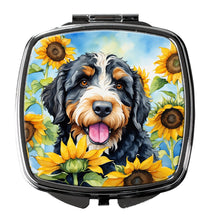 Load image into Gallery viewer, Bernedoodle in Sunflowers Compact Mirror – Stylish Purse Mirror with Artistic Covers