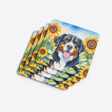 Load image into Gallery viewer, Bernese Mountain Dog in Sunflowers Coasters - Set of 4 Lightweight Foam, Absorbent Drink Coasters