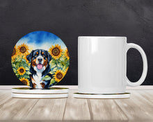 Load image into Gallery viewer, Bernese Mountain Dog in Sunflowers Large Sandstone Coasters Pack of 4