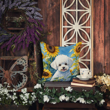Load image into Gallery viewer, Bichon Frise in Sunflowers Throw Pillow