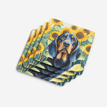 Load image into Gallery viewer, Black and Tan Coonhound in Sunflowers Coasters - Set of 4 Lightweight Foam, Absorbent Drink Coasters