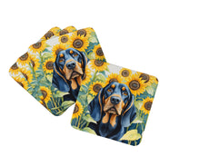 Load image into Gallery viewer, Black and Tan Coonhound in Sunflowers Coasters - Set of 4 Lightweight Foam, Absorbent Drink Coasters