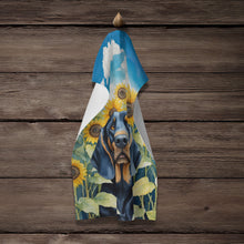 Load image into Gallery viewer, Black and Tan Coonhound in Sunflowers Kitchen Towel