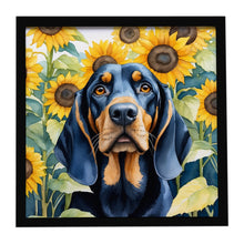 Load image into Gallery viewer, Black and Tan Coonhound in Sunflowers Framed Metal Print