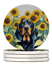 Load image into Gallery viewer, Black and Tan Coonhound in Sunflowers Large Sandstone Coasters Pack of 4