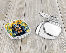 Load image into Gallery viewer, Black and Tan Coonhound in Sunflowers Compact Mirror – Stylish Purse Mirror with Artistic Covers
