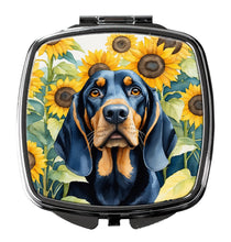 Load image into Gallery viewer, Black and Tan Coonhound in Sunflowers Compact Mirror – Stylish Purse Mirror with Artistic Covers