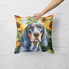 Load image into Gallery viewer, Bluetick Coonhound in Sunflowers Throw Pillow