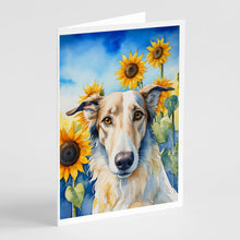 Load image into Gallery viewer, Borzoi in Sunflowers Greeting Cards - Blank Note Cards – 8-Pack of Artist-Designed Cards with Envelopes