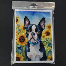 Load image into Gallery viewer, Boston Terrier in Sunflowers Greeting Cards - Blank Note Cards – 8-Pack of Artist-Designed Cards with Envelopes