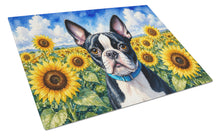 Load image into Gallery viewer, Boston Terrier in Sunflowers Cutting Board Tempered Glass Kitchen Cutting Surface, Heat Resistant Chopping Board with Non-Slip Feet, Decorative Food Prep &amp; Serving