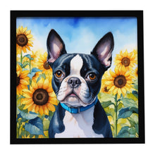 Load image into Gallery viewer, Boston Terrier in Sunflowers Framed Metal Print