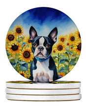 Load image into Gallery viewer, Boston Terrier in Sunflowers Large Sandstone Coasters Pack of 4