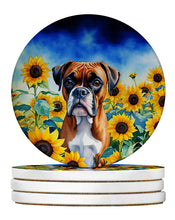Load image into Gallery viewer, Boxer in Sunflowers Large Sandstone Coasters Pack of 4