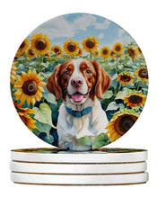 Load image into Gallery viewer, Brittany Spaniel in Sunflowers Large Sandstone Coasters Pack of 4