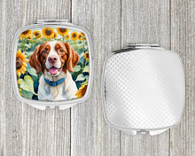 Load image into Gallery viewer, Brittany Spaniel in Sunflowers Compact Mirror – Stylish Purse Mirror with Artistic Covers