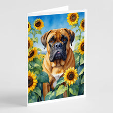 Load image into Gallery viewer, Bullmastiff in Sunflowers Greeting Cards - Blank Note Cards – 8-Pack of Artist-Designed Cards with Envelopes