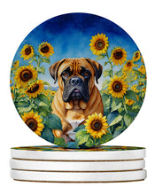 Load image into Gallery viewer, Bullmastiff in Sunflowers Large Sandstone Coasters Pack of 4