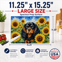 Load image into Gallery viewer, Cavalier Spaniel in Sunflowers Cutting Board Tempered Glass Kitchen Cutting Surface, Heat Resistant Chopping Board with Non-Slip Feet, Decorative Food Prep &amp; Serving