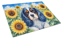 Load image into Gallery viewer, Cavalier Spaniel in Sunflowers Cutting Board Tempered Glass Kitchen Cutting Surface, Heat Resistant Chopping Board with Non-Slip Feet, Decorative Food Prep &amp; Serving