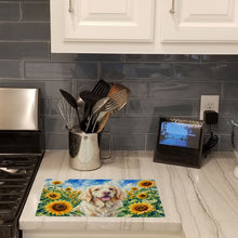 Load image into Gallery viewer, Clumber Spaniel in Sunflowers Cutting Board Tempered Glass Kitchen Cutting Surface, Heat Resistant Chopping Board with Non-Slip Feet, Decorative Food Prep &amp; Serving
