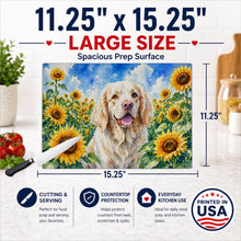 Load image into Gallery viewer, Clumber Spaniel in Sunflowers Cutting Board Tempered Glass Kitchen Cutting Surface, Heat Resistant Chopping Board with Non-Slip Feet, Decorative Food Prep &amp; Serving