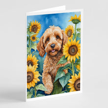 Load image into Gallery viewer, Cockapoo in Sunflowers Greeting Cards - Blank Note Cards – 8-Pack of Artist-Designed Cards with Envelopes