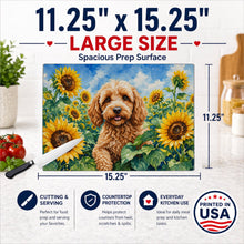 Load image into Gallery viewer, Cockapoo in Sunflowers Cutting Board Tempered Glass Kitchen Cutting Surface, Heat Resistant Chopping Board with Non-Slip Feet, Decorative Food Prep &amp; Serving