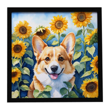 Load image into Gallery viewer, Corgi in Sunflowers Framed Metal Print