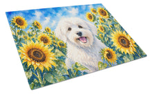 Load image into Gallery viewer, Coton de Tulear in Sunflowers Cutting Board Tempered Glass Kitchen Cutting Surface, Heat Resistant Chopping Board with Non-Slip Feet, Decorative Food Prep &amp; Serving