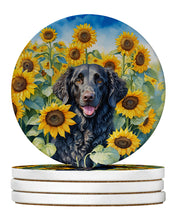 Load image into Gallery viewer, Curly-Coated Retriever in Sunflowers Large Sandstone Coasters Pack of 4
