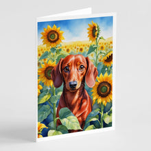 Load image into Gallery viewer, Dachshund in Sunflowers Greeting Cards - Blank Note Cards – 8-Pack of Artist-Designed Cards with Envelopes