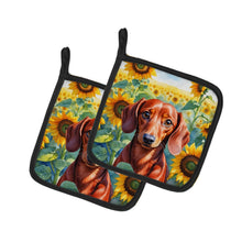 Load image into Gallery viewer, Dachshund in Sunflowers Pot Holders - Set of 2 Decorative Kitchen Helpers | Made in the USA