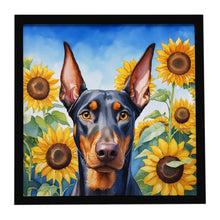 Load image into Gallery viewer, Doberman Pinscher in Sunflowers Framed Metal Print