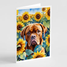 Load image into Gallery viewer, Dogue de Bordeaux in Sunflowers Greeting Cards - Blank Note Cards – 8-Pack of Artist-Designed Cards with Envelopes