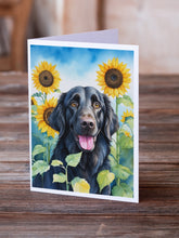 Load image into Gallery viewer, Flat-Coated Retriever in Sunflowers Greeting Cards - Blank Note Cards – 8-Pack of Artist-Designed Cards with Envelopes
