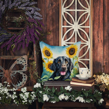 Load image into Gallery viewer, Flat-Coated Retriever in Sunflowers Throw Pillow - 14x14 Decorative Pillow – Art for Your Home &amp; Patio