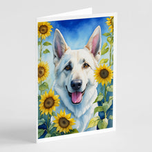 Load image into Gallery viewer, White German Shepherd in Sunflowers Greeting Cards - Blank Note Cards – 8-Pack of Artist-Designed Cards with Envelopes