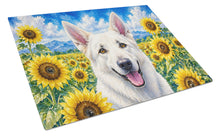 Load image into Gallery viewer, White German Shepherd in Sunflowers Cutting Board Tempered Glass Kitchen Cutting Surface, Heat Resistant Chopping Board with Non-Slip Feet, Decorative Food Prep &amp; Serving
