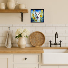 Load image into Gallery viewer, White German Shepherd in Sunflowers Framed Metal Print