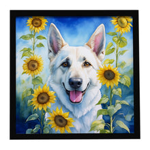 Load image into Gallery viewer, White German Shepherd in Sunflowers Framed Metal Print