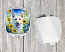 Load image into Gallery viewer, White German Shepherd in Sunflowers Compact Mirror – Stylish Purse Mirror with Artistic Covers