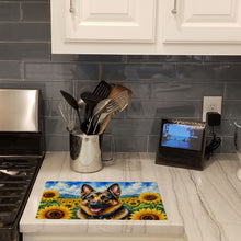 Load image into Gallery viewer, German Shepherd in Sunflowers Cutting Board Tempered Glass Kitchen Cutting Surface, Heat Resistant Chopping Board with Non-Slip Feet, Decorative Food Prep &amp; Serving