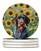 Load image into Gallery viewer, German Wirehaired Pointer in Sunflowers Large Sandstone Coasters Pack of 4