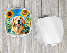 Load image into Gallery viewer, Golden Retriever in Sunflowers Compact Mirror – Stylish Purse Mirror with Artistic Covers
