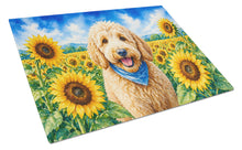 Load image into Gallery viewer, Goldendoodle in Sunflowers Cutting Board Tempered Glass Kitchen Cutting Surface, Heat Resistant Chopping Board with Non-Slip Feet, Decorative Food Prep &amp; Serving